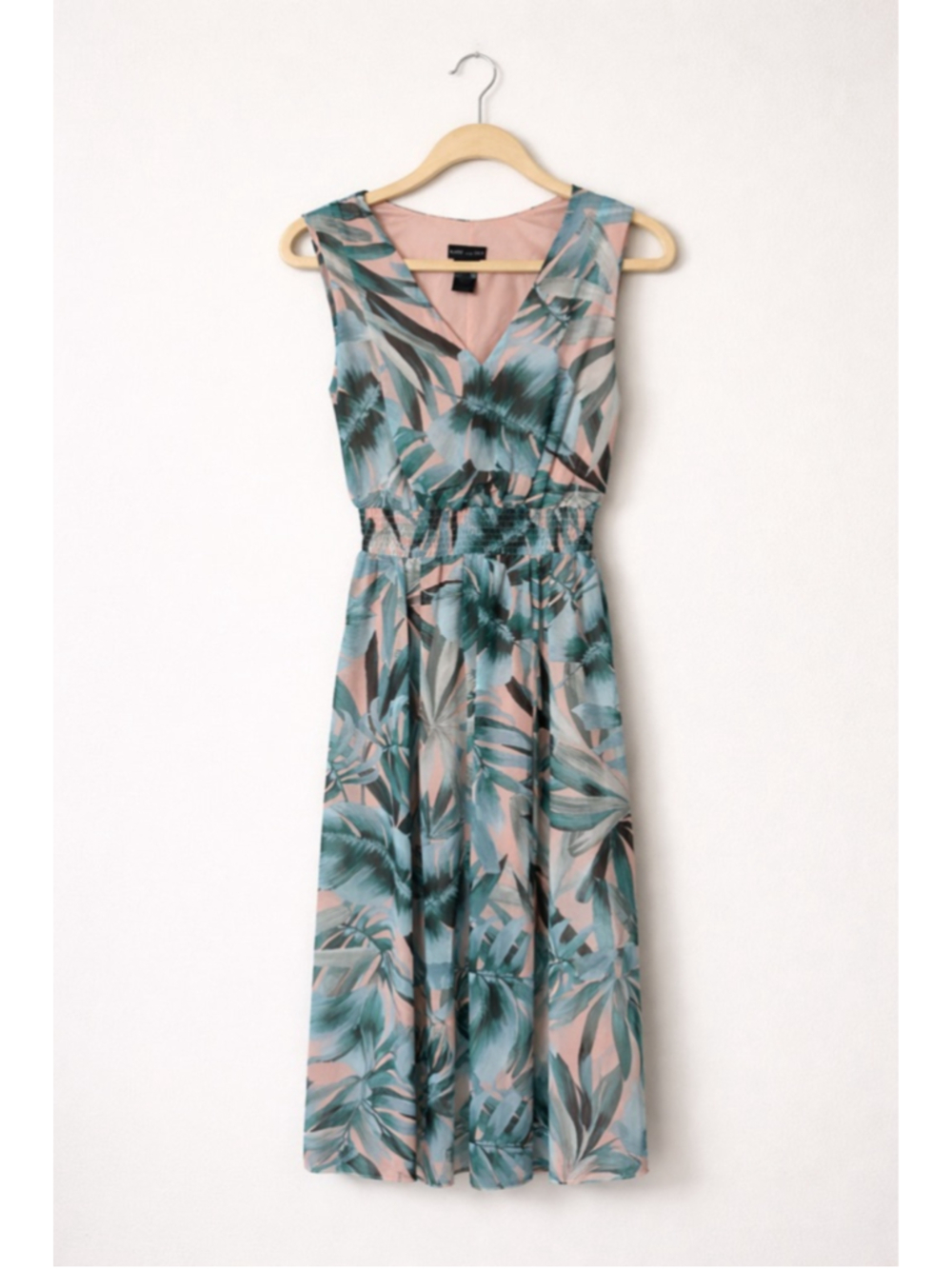 Kate & Lily Tropical Leaf Dress Size 6 Pink Teal Sleeveless V-Neck Vacation Reso